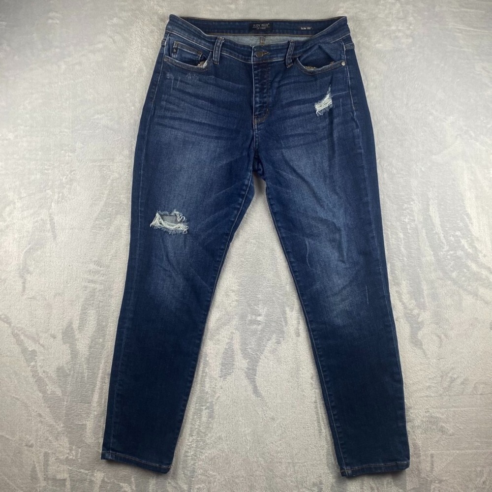 Judy Blue Jeans Womens 15/32 Blue Slim Fit Distressed Dark Wash Faded Denim